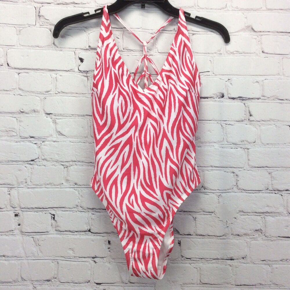YMI Swimsuit Women's Size S One Piece Pink & White Zebra Stripe Beachy Strappy